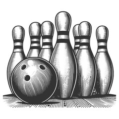 bowling pins with a single bowling ball, ideal for leisure and sport-themed designs sketch engraving generative ai vector illustration. Scratch board imitation. Black and white image.