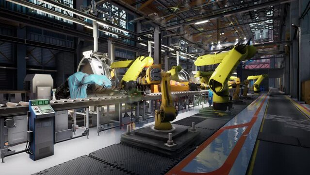 A factory bustling with activity as numerous yellow robots work together to produce heavy equipment.