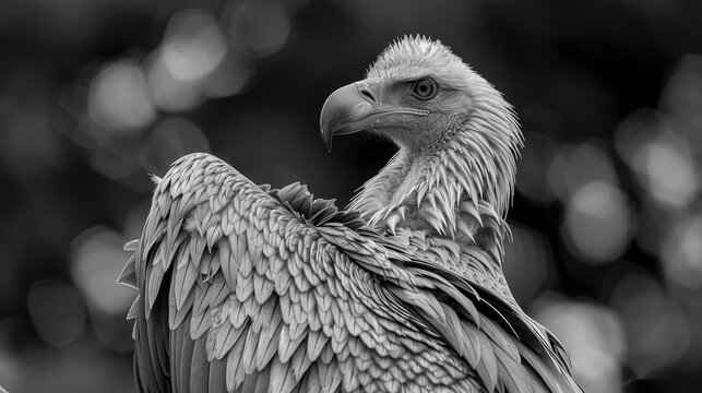   A monochrome image of a large bird with an expansive wing, its background softly blurred