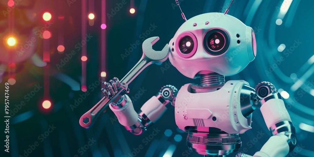 Poster a friendly robot offering technological assistance and repair services, symbolizing the advance of a