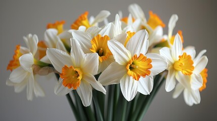   A glass vase holds a bouquet of white and yellow daffodils on a table against a gray backdrop