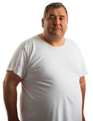 Obraz premium Portrait of fat, overweight middle-aged man wearing white t-shirt, smiling and looking at the camera, isolated on transparent background. Unhealthy lifestyle, obese body and large stomach