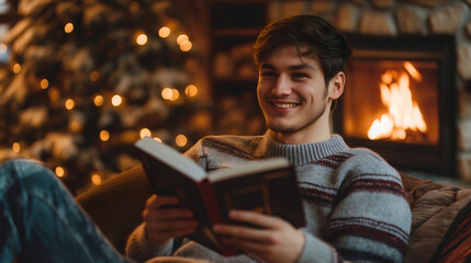 Handsome young man wearing sweater, sitting in an armchair and reading a book near the fireplace. Warm and comfortable at home relax in cozy room, winter holiday. Evening rest at night,flame burning - Powered by Adobe