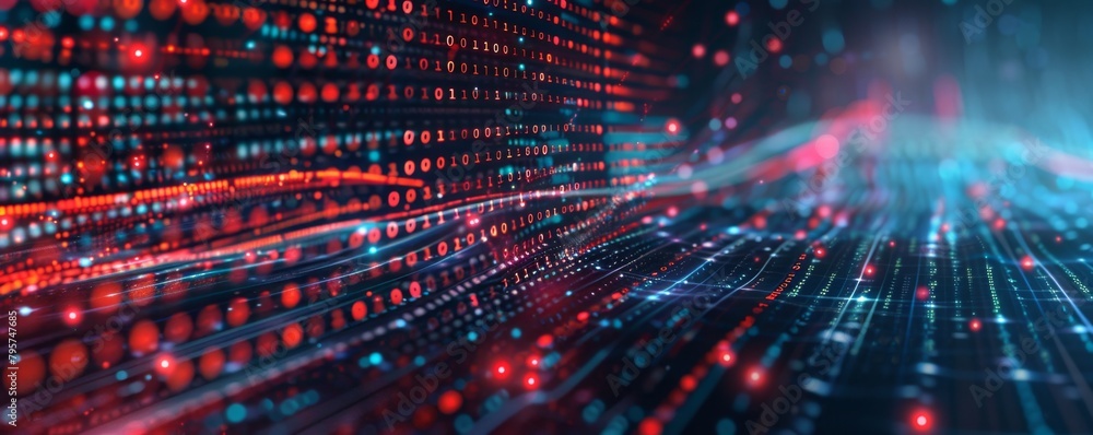 Poster abstract data flow with digital information and code lines in motion on a dark background generative