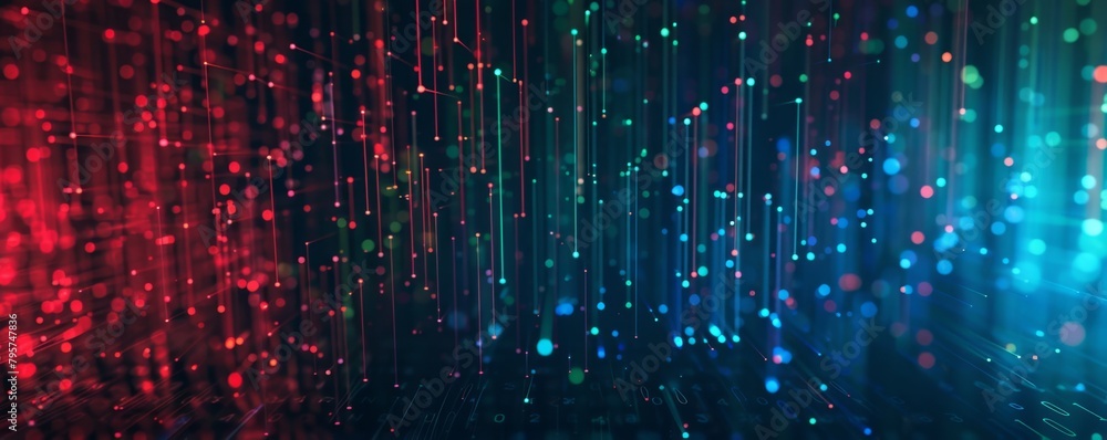 Poster abstract digital background with lines and dots in blue, red and green colors on a dark background g