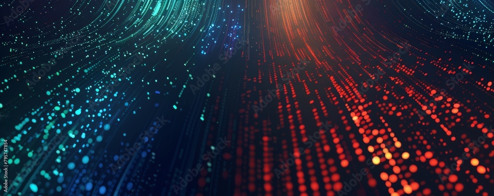 Poster abstract digital data flows with binary code and lines in blue, red and green colors on a dark backg