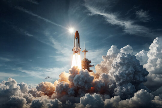 The Shuttle rocket rises into the sky. Space flights.