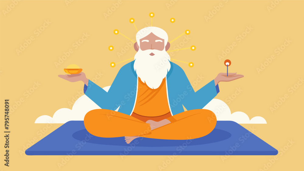 Poster a wise master sits on a cushioned mat imparting wisdom about the connection between the mind and bod