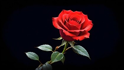 Single deep scarlet red rose macro close-up on dark black background
