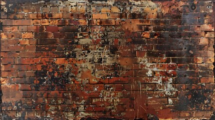 A textured surface of a weathered brick wall with deep red bricks and significant historical wear,...