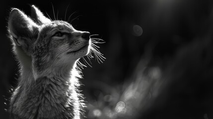 Naklejka premium A monochrome image of a feline gazing skyward with widened eyes