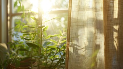 Close-up on biodegradable hemp curtains in a sunlit room, emphasizing their aesthetic appeal and functional benefits in maintaining air quality.