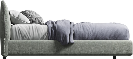 Side view of single bed with headboard and blanket