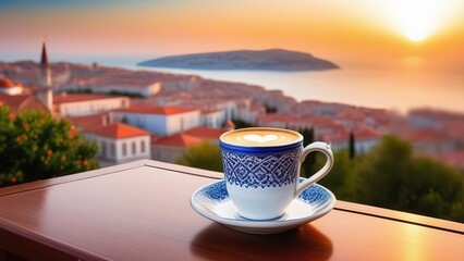 Traditional Turkish coffee on a balcony with a beautiful Turkish Mediterranean city in the background, a cup of coffee or tea on a blurred background of an evening Turkish seascape - obrazy, fototapety, plakaty
