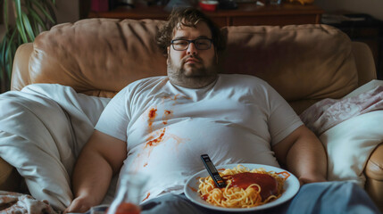 Fat, overweight man sitting on armchair sofa or couch at home, plate with junk food and remote on his stomach, dirty white t-shirt, lazy and unhealthy man, watching TV television, sedentary