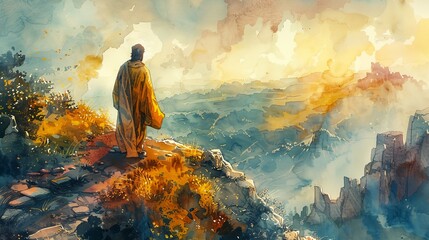 a painting of a man standing on a cliff overlooking a valley and mountains with yellow and orange clouds in the background..