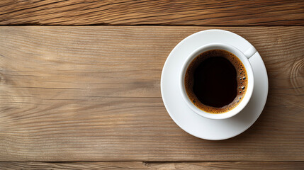 Top view of cup of coffee on wooden table