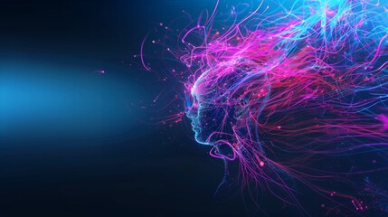 Futuristic Digital Silhouette of a Human Face with Flowing Pink and Blue Light Trails Representing Neural Connections and Energy Flow