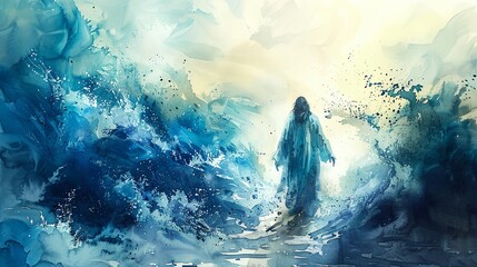 a painting of a man walking through a blue ocean with a giant wave behind him and a sky background..
