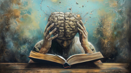 Man reading a book, brain gaining knowledge illustration concept, intellectual mind development, study and learn, psychology growth in wisdom - obrazy, fototapety, plakaty