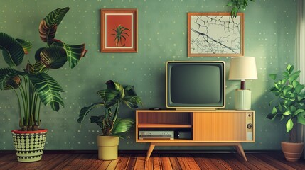 a television set sitting on top of a wooden stand next to a potted plant and a lamp on a table