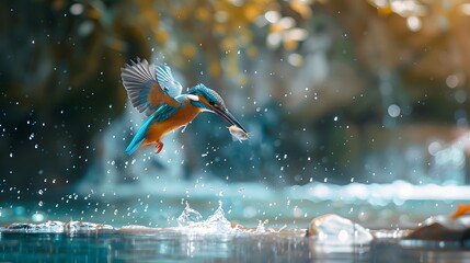A vibrant image of a kingfisher diving into a crystal-clear river, capturing the splash in high definition against a vivid natural backdrop