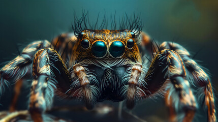 Closeup macro photography of spider animal face and eyes. Scary black and brown arachnid insect in garden wildlife nature
