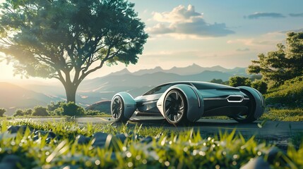 a futuristic car parked on a road near a tree and mountains in the background with a sun setting behind it - obrazy, fototapety, plakaty