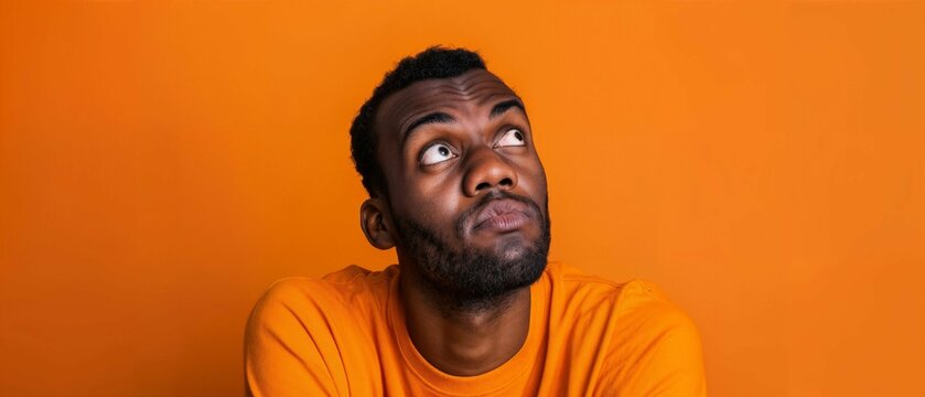 Portrait of an African American man looking quizzically upwards, dressed in an orange top with ample space for text