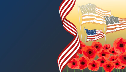 american flag and poppy flowers, USA patriotic banner, background, web, greeting card, poster, holiday cover, label, flyer, layout. Patriotic Social media print for presentation, information