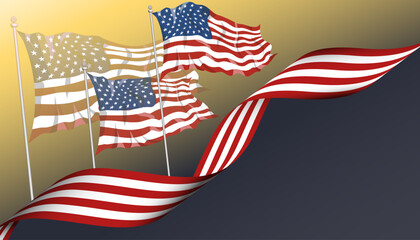 American flags in the sun, patriotic ribbon flag banner, background, web, greeting card, poster, cover, label, flyer, layout. United States holiday Social media print information