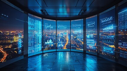 A futuristic cityscape at night with skyscrapers and glowing blue technology user interface screens