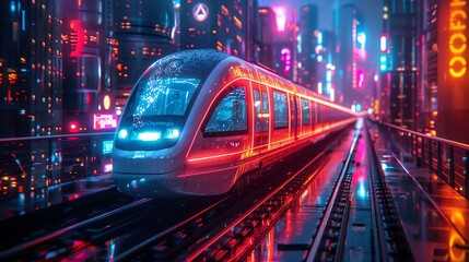 A sleek and futuristic train ride through a neon-lit cityscape.