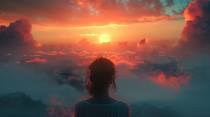 a person standing in front of a sunset with clouds and buildings in the background