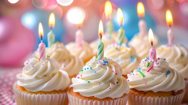 a close up of cupcakes with candles on them with a checkered table cloth and balloons in the background..