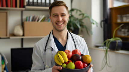 Happy, smiling young doctor holding a bowl of fresh fruits, standing in medical office. Healthy nutrition, professional nutritionist, weight loss lifestyle, dietitian, consultation and recommendation