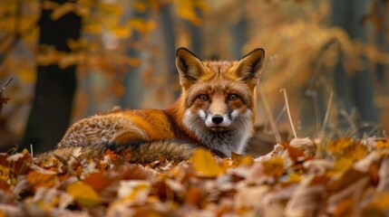 Fototapeta premium Fox resting among autumn foliage