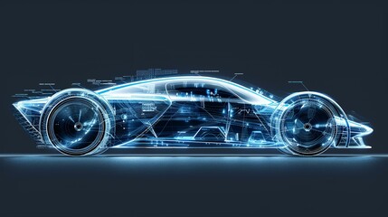 a futuristic car is shown in blue light with a dark background