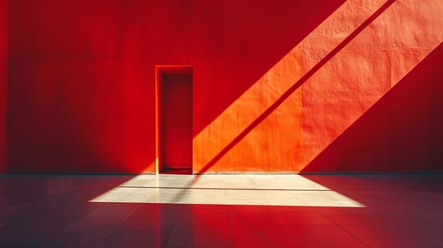 a red wall with a door and a shadow