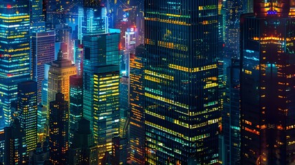 A vivid night scene showing a row of corporate buildings, each floor aglow with lights, set against a backdrop of a bustling urban environment.