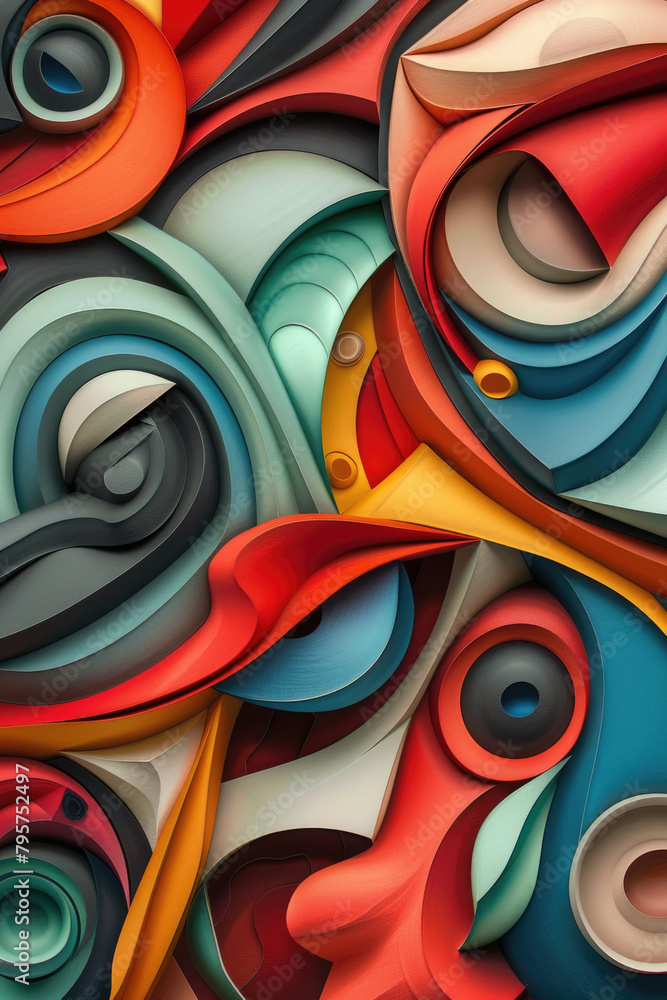 Poster a dynamic abstract painting featuring a variety of vivid colors and shapes, creating a visually stim