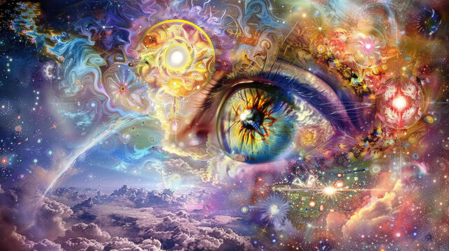 A painting depicting a detailed eye in the sky, gazing down upon the earth with a watchful and powerful presence