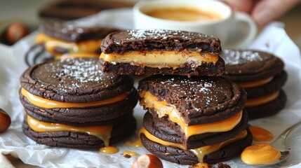   A stack of cookies on a table, accompanied by a cup of coffee and a plate of cookies