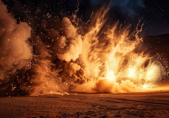 Explosion ignites desert sand, creating billows of smoke, flames, and sparks under the night sky.