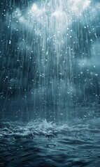 Heavy rain with water droplets splashing in a wild river, creating a dramatic and wet scene. Ideal for weather visuals, nature themes, and atmospheric designs.