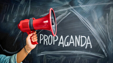 Woman holding a megaphone above the propaganda text. Journalism newspaper article reports publication fraud, false information in the press