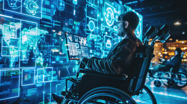A man in a wheelchair is typing on a laptop computer