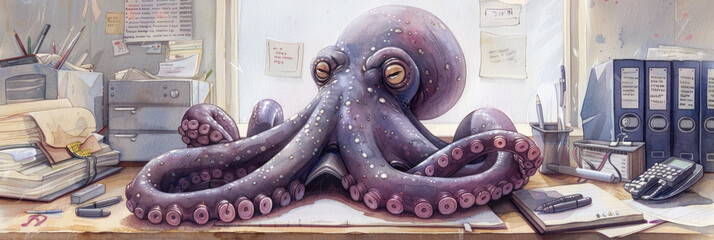 Fototapeta premium A painting depicting an octopus perched on a desk, its tentacles elegantly draped over the edges, creating a striking contrast