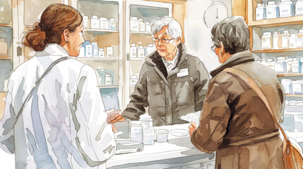 A couple of people standing in front of a counter, looking at the items displayed