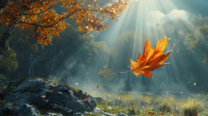 Sunlight illuminates an autumn leaf against a blue, cloud-dappled sky.